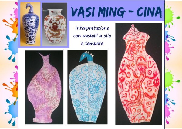 L'arte dei popoli: vasi Ming Cina, interpretazione con pastelli a olio e tempere
